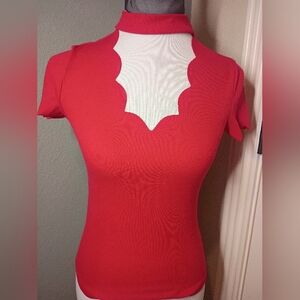 SHEIN Vibrant Red Choker And Sweetheart Neck Ribbed Knit Top Sm